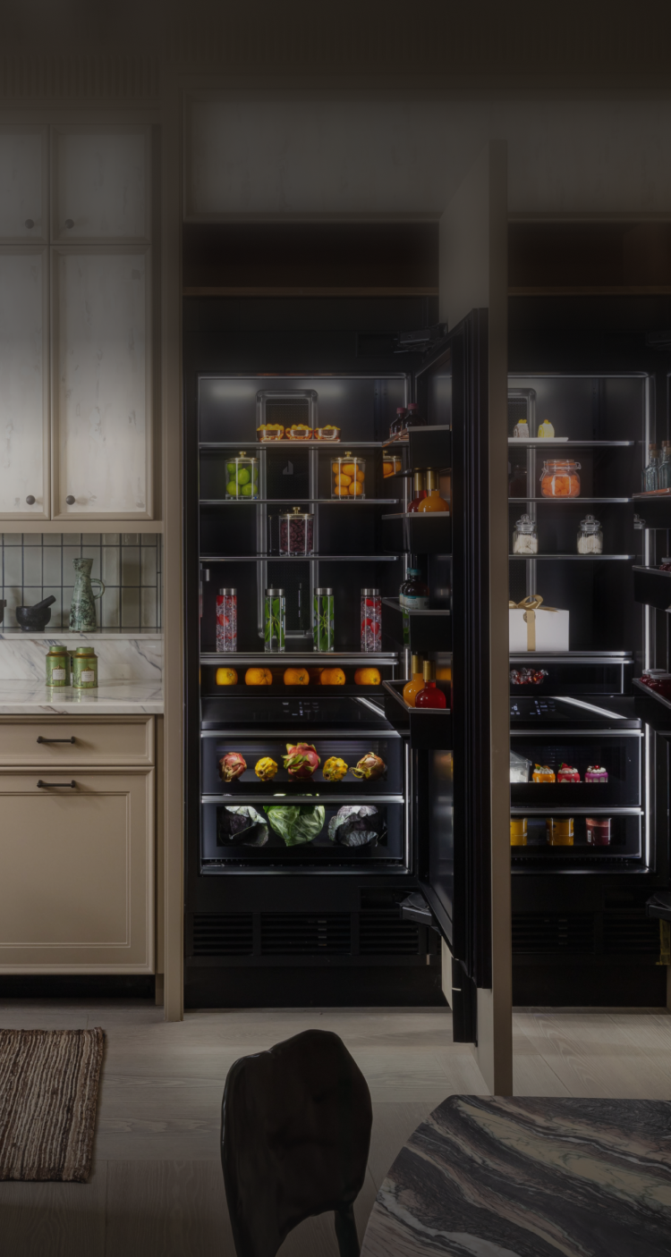 An open, fully stocked Column pair in a real kitchen.