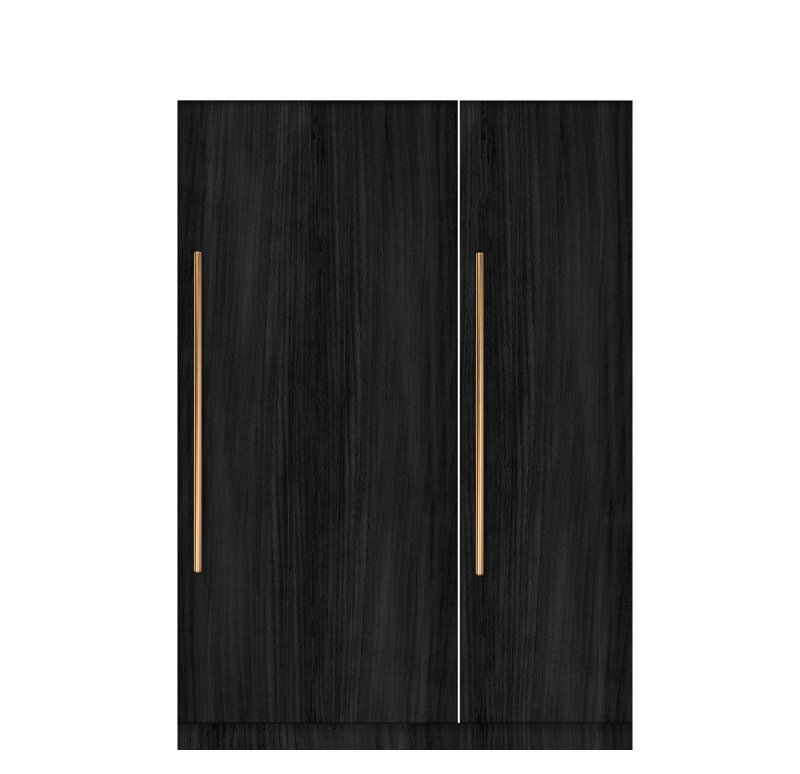 A pair of JennAir® Columns shown with generic black wooden panels, not included.