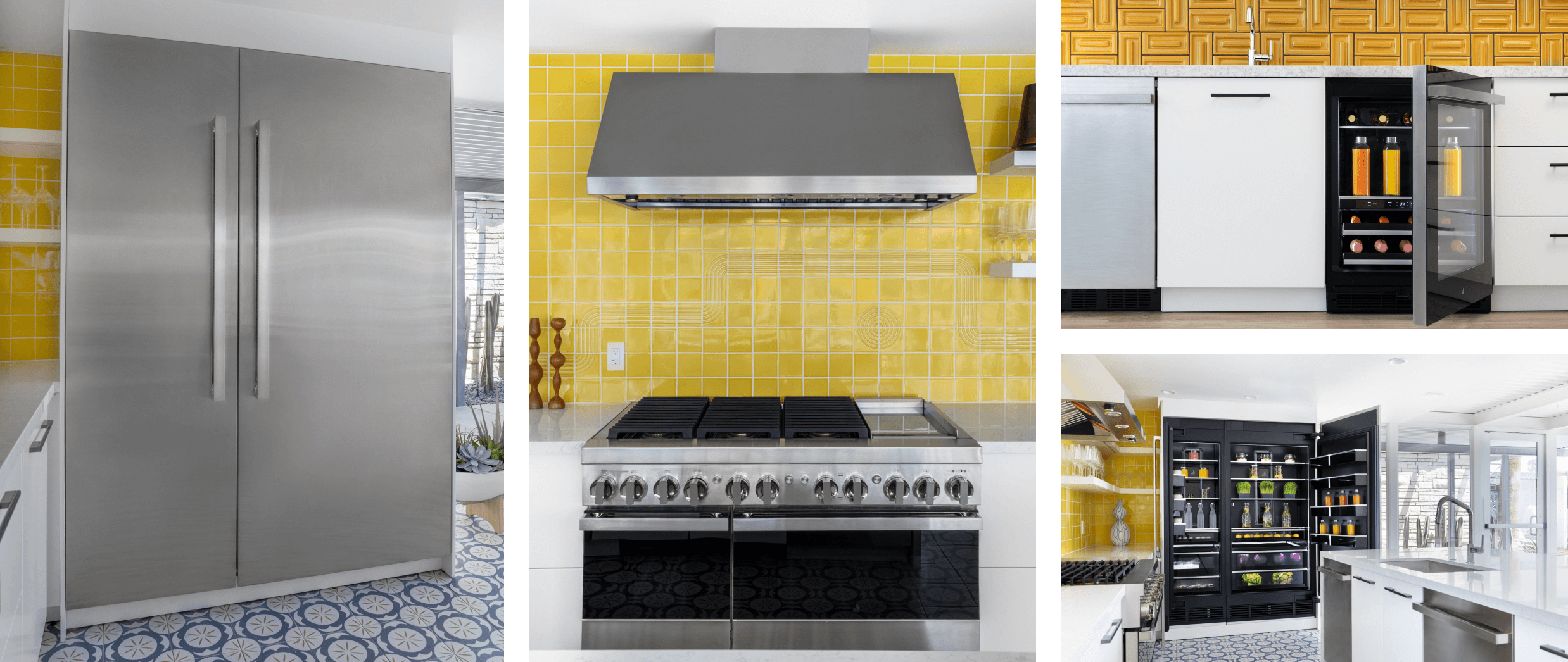 A collage of images including a pair of JennAir® NOIR™ Columns in a kitchen; a JennAir® NOIR™ Professional Range and Commercial Hood in a kitchen with a yellow backsplash; JennAir® Undercounter Refrigeration products; a whole-kitchen view featuring a pair of open JennAir® Columns with an Obsidian Interior. A collage of images including a pair of JennAir® NOIR™ Columns in a kitchen; a JennAir® NOIR™ Professional Range and Commercial Hood in a kitchen with a yellow backsplash; JennAir® Undercounter Refrigeration products; a whole-kitchen view featuring a pair of open JennAir® Columns with an Obsidian Interior.