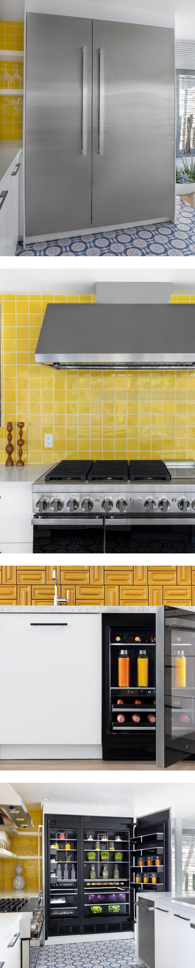 A collage of images including a pair of JennAir® NOIR™ Columns in a kitchen; a JennAir® NOIR™ Professional Range and Commercial Hood in a kitchen with a yellow backsplash; JennAir® Undercounter Refrigeration products; a whole-kitchen view featuring a pair of open JennAir® Columns with an Obsidian Interior. A collage of images including a pair of JennAir® NOIR™ Columns in a kitchen; a JennAir® NOIR™ Professional Range and Commercial Hood in a kitchen with a yellow backsplash; JennAir® Undercounter Refrigeration products; a whole-kitchen view featuring a pair of open JennAir® Columns with an Obsidian Interior.