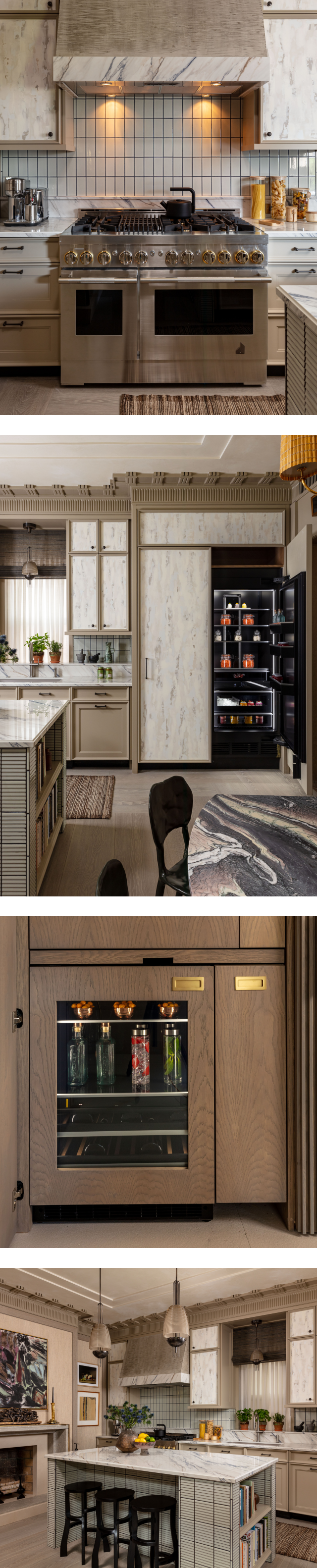 A collage of images including an image of the kitchen featuring a JennAir® Range; an image of the kitchen featuring two JennAir® Columns; a close up of a JennAir® Beverage Center fitted with custom wooden panels; a complete view of the kitchen’s design. A collage of images including an image of the kitchen featuring a JennAir® Range; an image of the kitchen featuring two JennAir® Columns; a close up of a JennAir® Beverage Center fitted with custom wooden panels; a complete view of the kitchen’s design.