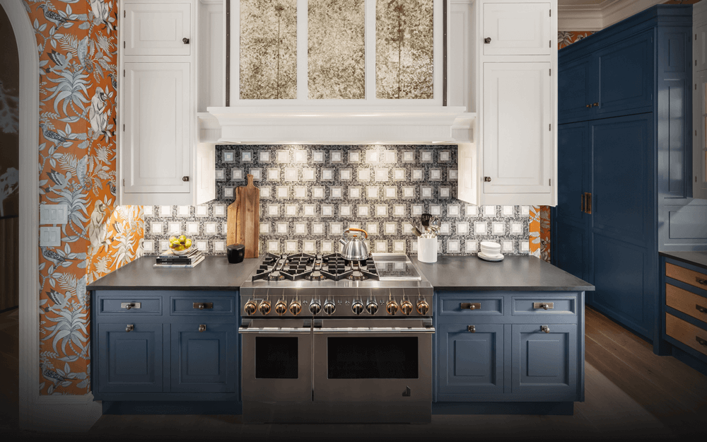 A RISE™ Professional-Style Range in a blue kitchen.  A RISE™ Professional-Style Range in a blue kitchen.