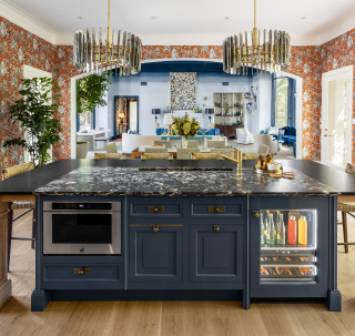 An overall view of the kitchen, showing a microwave drawer and beverage center. An overall view of the kitchen, showing a microwave drawer and beverage center.