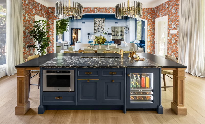 An overall view of the kitchen, showing a microwave drawer and beverage center. An overall view of the kitchen, showing a microwave drawer and beverage center.