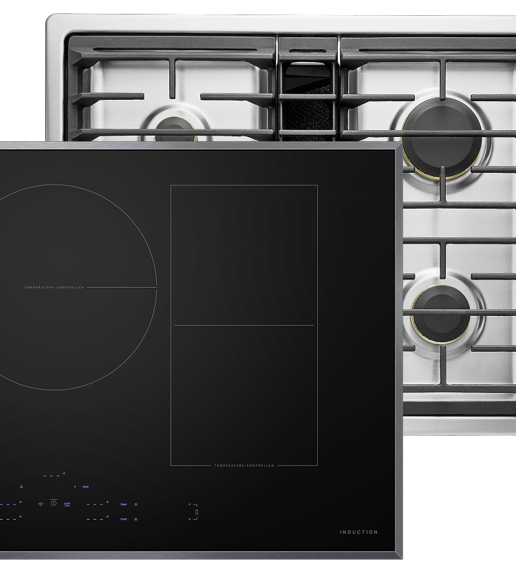 A JennAir® Lustre Induction Cooktop and a JennAir® Lustre Gas Cooktop. A JennAir® Lustre Induction Cooktop and a JennAir® Lustre Gas Cooktop.