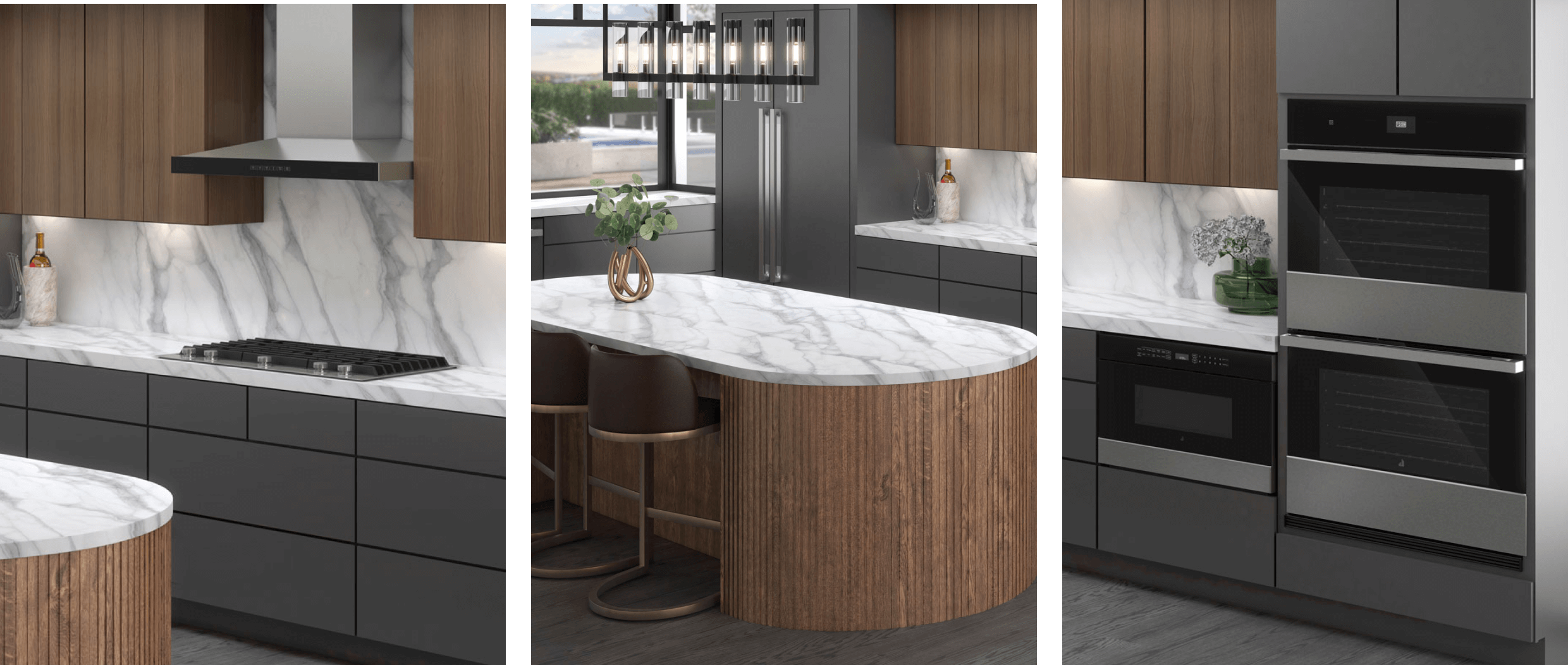 A collage of images featuring a JennAir® gas cooktop, freestanding refrigerator, double wall oven and undercounter microwave drawer. A collage of images featuring a JennAir® gas cooktop, freestanding refrigerator, double wall oven and undercounter microwave drawer.