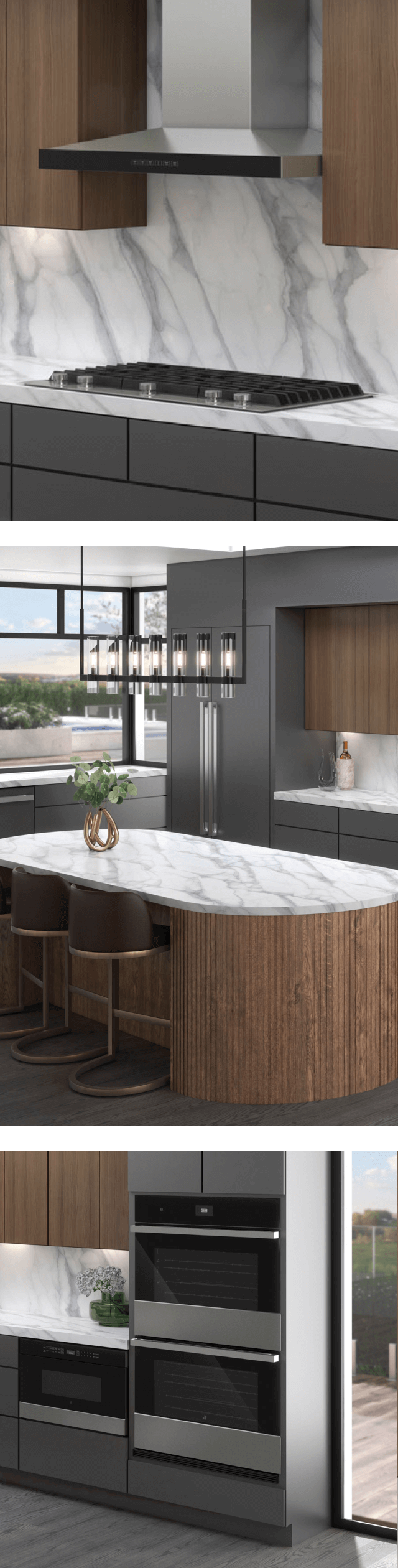 A collage of images featuring a JennAir® gas cooktop, freestanding refrigerator, double wall oven and undercounter microwave drawer. A collage of images featuring a JennAir® gas cooktop, freestanding refrigerator, double wall oven and undercounter microwave drawer.