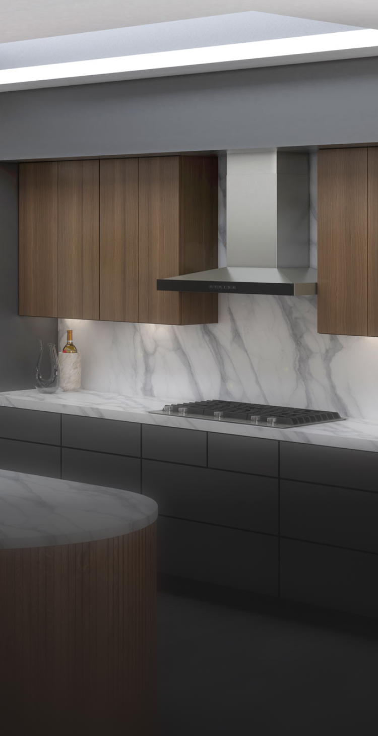 A JennAir® Gas Cooktop in a contemporary kitchen. A JennAir® Gas Cooktop in a contemporary kitchen.