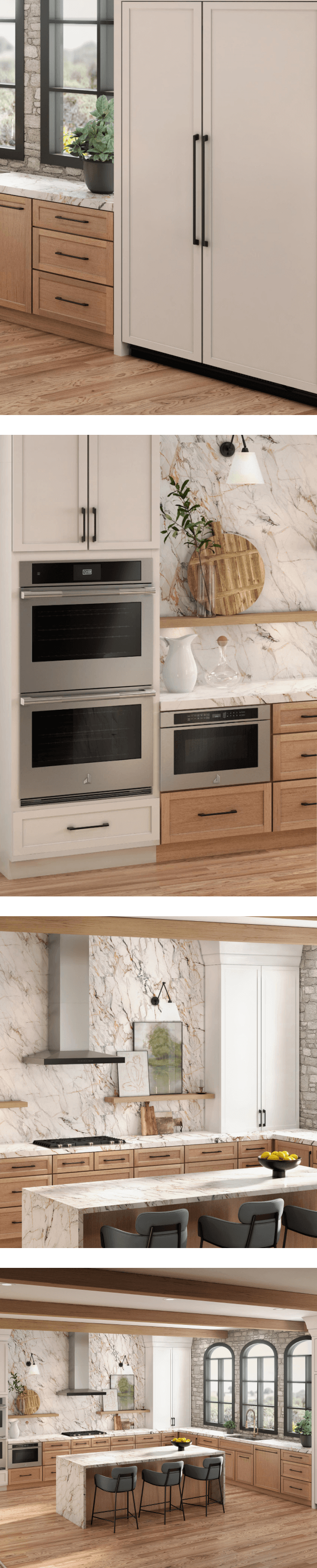A collage of images including a JennAir® side-by-side built-in refrigerator fitted with white custom panels to match cabinetry; a 30-inch microwave combination wall oven installed in a white kitchen; a cooktop and vent hood installed in a white kitchen; a panel-ready dishwasher installed with a custom panel to match the wooden cabinetry. A collage of images including a JennAir® side-by-side built-in refrigerator fitted with white custom panels to match cabinetry; a 30-inch microwave combination wall oven installed in a white kitchen; a cooktop and vent hood installed in a white kitchen; a panel-ready dishwasher installed with a custom panel to match the wooden cabinetry.