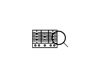 An icon of a cooktop with a magnifying glass over it.