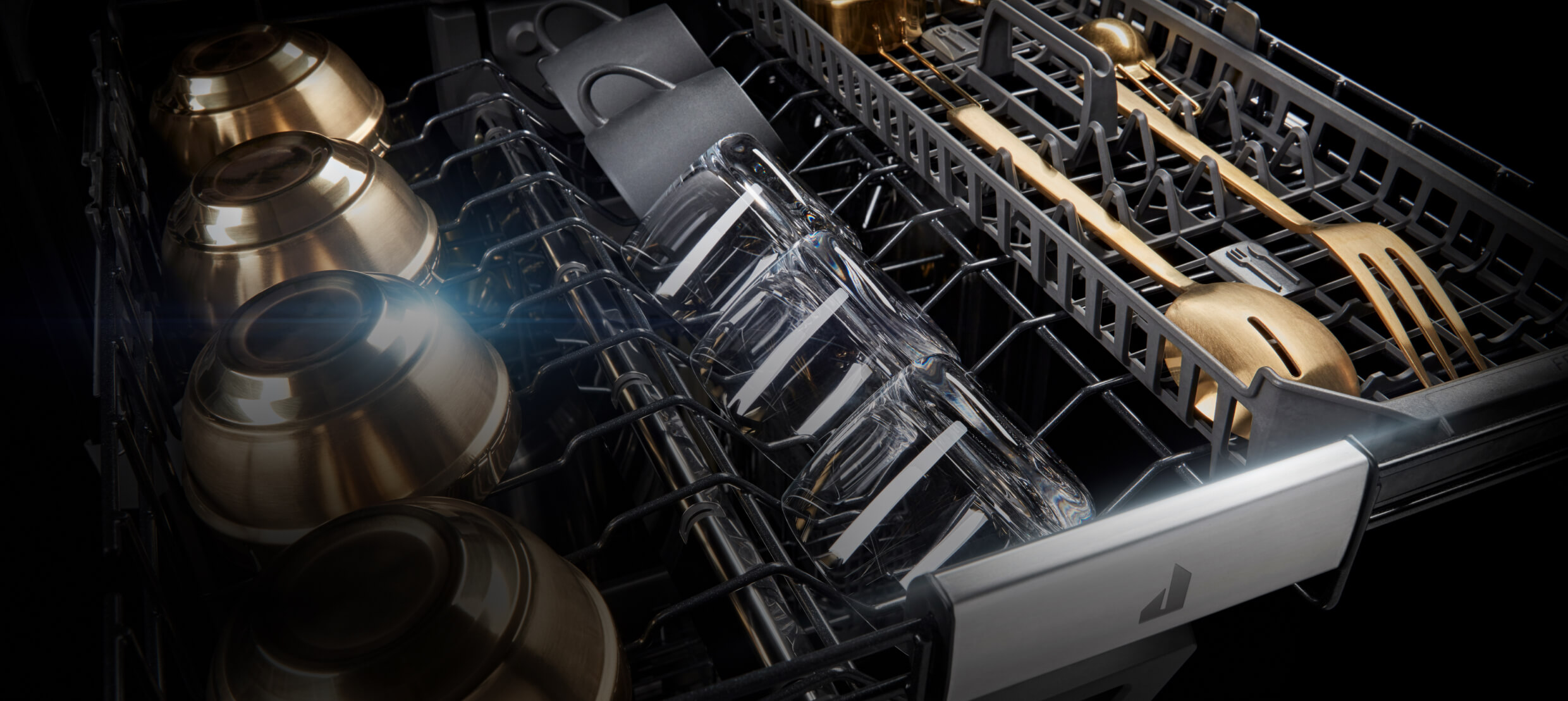 Dry, gleaming dishes in the 3rd rack of a dishwasher. Dry, gleaming dishes in the 3rd rack of a dishwasher.