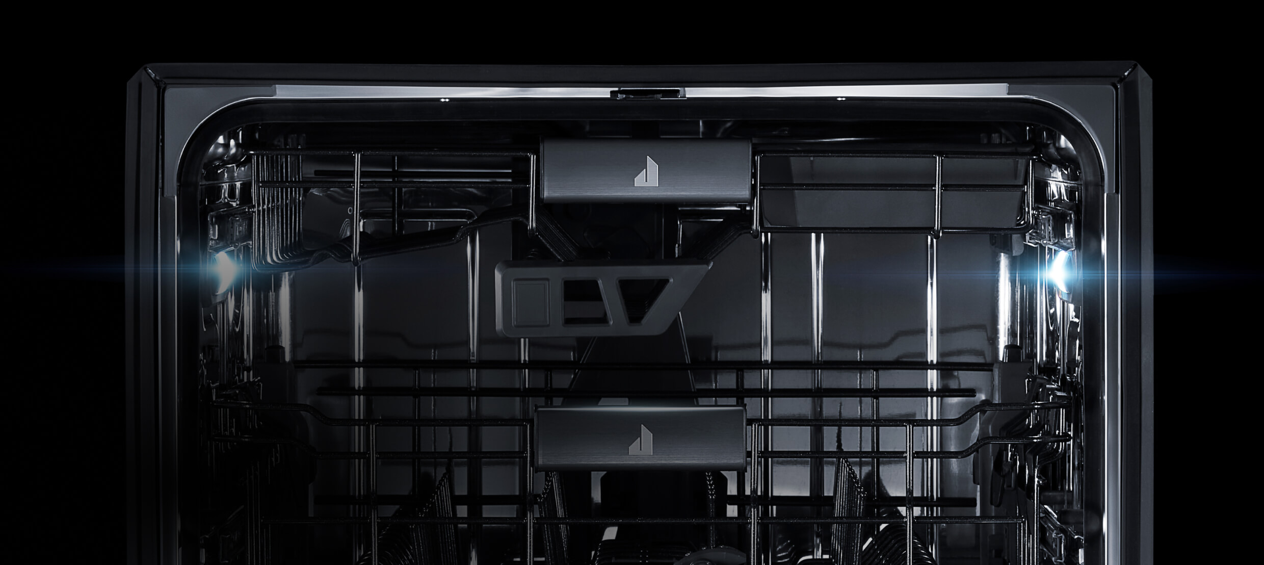 LED lights illuminating the interior of a dishwasher. LED lights illuminating the interior of a dishwasher.