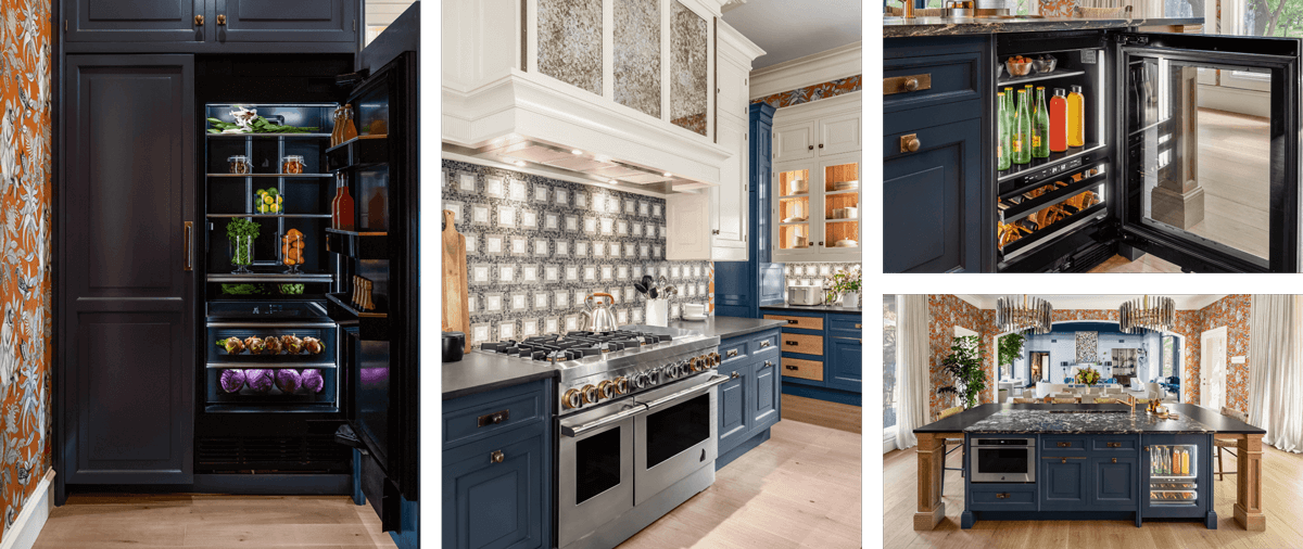A collage of images including a pair of JennAir® Columns fitted with custom wooden panels; a JennAir® RISE™ Professional-Style Range in the kitchen; an open JennAir® Beverage Center; an overall view of the kitchen showing a microwave drawer and beverage center. A collage of images including a pair of JennAir® Columns fitted with custom wooden panels; a JennAir® RISE™ Professional-Style Range in the kitchen; an open JennAir® Beverage Center; an overall view of the kitchen showing a microwave drawer and beverage center.