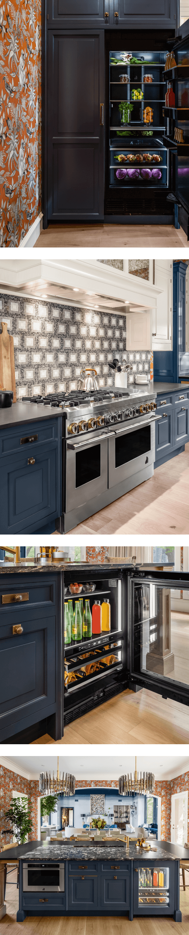A collage of images including a pair of JennAir® Columns fitted with custom wooden panels; a JennAir® RISE™ Professional-Style Range in the kitchen; an open JennAir® Beverage Center; an overall view of the kitchen showing a microwave drawer and beverage center. A collage of images including a pair of JennAir® Columns fitted with custom wooden panels; a JennAir® RISE™ Professional-Style Range in the kitchen; an open JennAir® Beverage Center; an overall view of the kitchen showing a microwave drawer and beverage center.