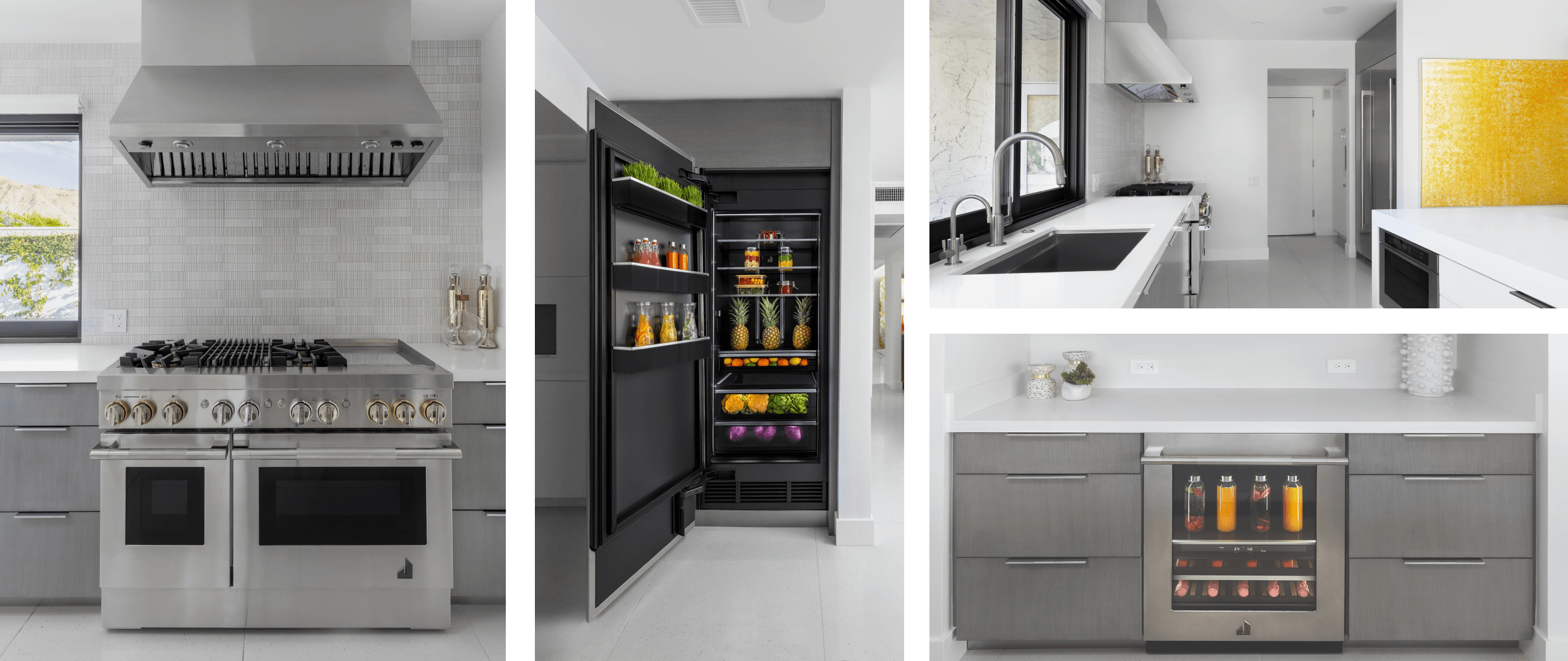 A collage of images including a JennAir® 48" RISE™ Dual-Fuel Range and 48" Pro Wall-Mount Hood in a gray kitchen; A JennAir® RISE™ Column Refrigerator open and stocked with fresh fruits, vegetables and juice; a white kitchen with stainless accents and appliances; a JennAir® RISE™ Beverage Center stocked with fresh juice, surrounded by gray drawers. A collage of images including a JennAir® 48" RISE™ Dual-Fuel Range and 48" Pro Wall-Mount Hood in a gray kitchen; A JennAir® RISE™ Column Refrigerator open and stocked with fresh fruits, vegetables and juice; a white kitchen with stainless accents and appliances; a JennAir® RISE™ Beverage Center stocked with fresh juice, surrounded by gray drawers.