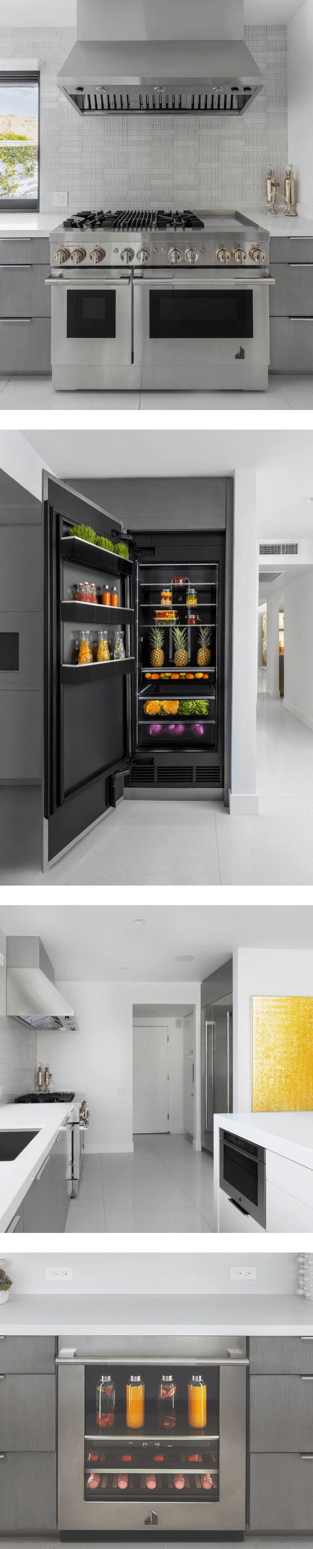 A collage of images including a JennAir® 48" RISE™ Dual-Fuel Range and 48" Pro Wall-Mount Hood in a gray kitchen; A JennAir® RISE™ Column Refrigerator open and stocked with fresh fruits, vegetables and juice; a white kitchen with stainless accents and appliances; a JennAir® RISE™ Beverage Center stocked with fresh juice, surrounded by gray drawers.A collage of images including a JennAir® 48" RISE™ Dual-Fuel Range and 48" Pro Wall-Mount Hood in a gray kitchen; A JennAir® RISE™ Column Refrigerator open and stocked with fresh fruits, vegetables and juice; a white kitchen with stainless accents and appliances; a JennAir® RISE™ Beverage Center stocked with fresh juice, surrounded by gray drawers. A collage of images including a JennAir® 48" RISE™ Dual-Fuel Range and 48" Pro Wall-Mount Hood in a gray kitchen; A JennAir® RISE™ Column Refrigerator open and stocked with fresh fruits, vegetables and juice; a white kitchen with stainless accents and appliances; a JennAir® RISE™ Beverage Center stocked with fresh juice, surrounded by gray drawers.