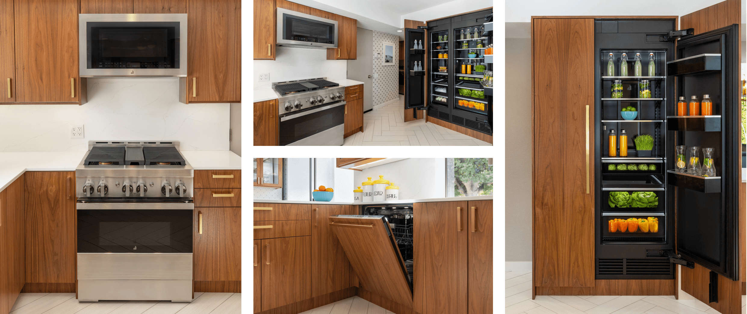 A collage of images including a straight-on view of a JennAir® NOIR™ Gas Range with a Microwave Hood Combination above it; another view of the kitchen, featuring a range, over-the-range hood and a pair of columns; a view of the kitchen focusing in on a panel-ready dishwasher; a pair of panel-ready columns with one open. A collage of images including a straight-on view of a JennAir® NOIR™ Gas Range with a Microwave Hood Combination above it; another view of the kitchen, featuring a range, over-the-range hood and a pair of columns; a view of the kitchen focusing in on a panel-ready dishwasher; a pair of panel-ready columns with one open.