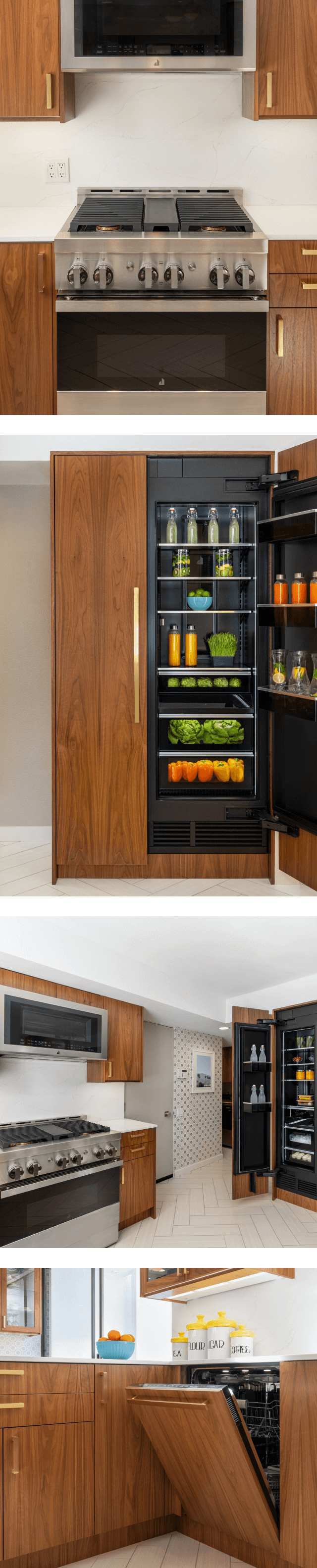 A collage of images including a straight-on view of a JennAir® NOIR™ Gas Range with a Microwave Hood Combination above it; another view of the kitchen, featuring a range, over-the-range hood and a pair of columns; a view of the kitchen focusing in on a panel-ready dishwasher; a pair of panel-ready columns with one open. A collage of images including a straight-on view of a JennAir® NOIR™ Gas Range with a Microwave Hood Combination above it; another view of the kitchen, featuring a range, over-the-range hood and a pair of columns; a view of the kitchen focusing in on a panel-ready dishwasher; a pair of panel-ready columns with one open.