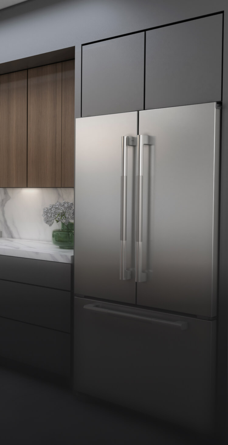 A kitchen featuring JennAir® appliances and a French Door Freestanding Refrigerator. A kitchen featuring JennAir® appliances and a French Door Freestanding Refrigerator.
