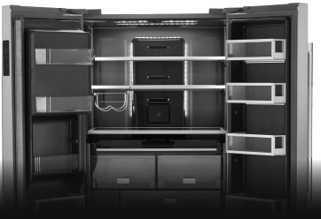 The dark Obsidian interior of a freestanding refrigerator.  The dark Obsidian interior of a freestanding refrigerator.