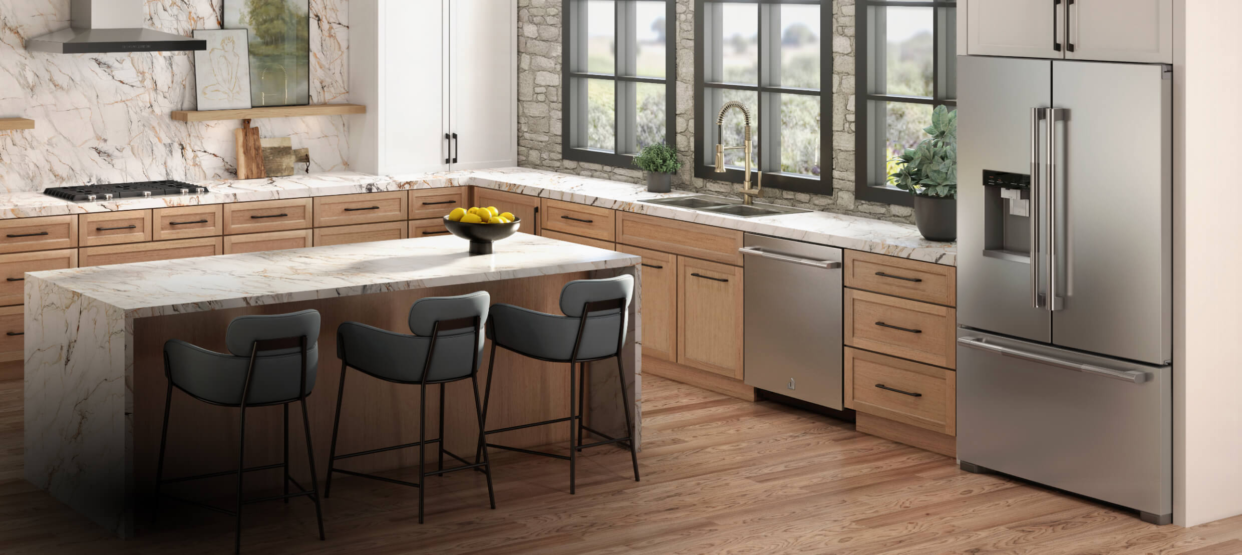 A beautiful, bright kitchen featuring a suite of JennAir® appliances and a RISE™ french door freestanding refrigerator.  A beautiful, bright kitchen featuring a suite of JennAir® appliances and a RISE™ french door freestanding refrigerator.