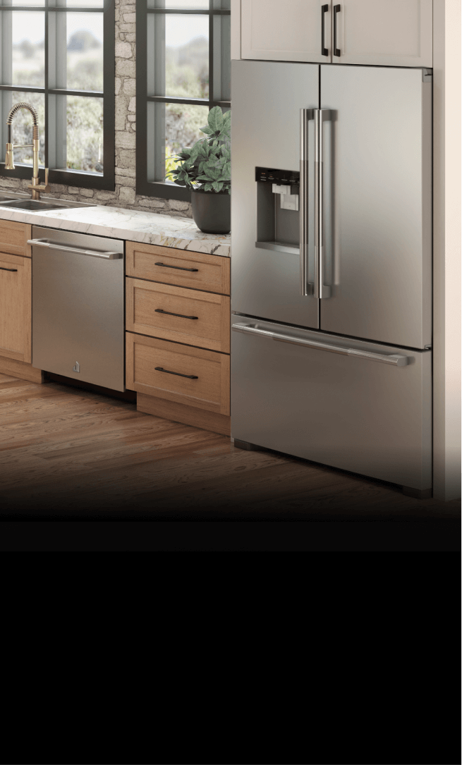 A beautiful, bright kitchen featuring a suite of JennAir® appliances and a RISE™ french door freestanding refrigerator.  A beautiful, bright kitchen featuring a suite of JennAir® appliances and a RISE™ french door freestanding refrigerator.