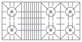 An icon of a 6 burner cooktop with grill.