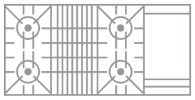 An icon of a 4 burner cooktop with grill and griddle.