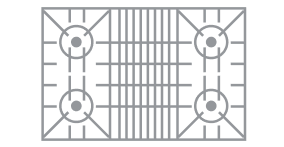 An icon of a 4 burner cooktop with griddle.