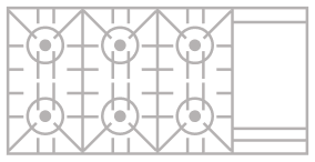 An icon of a 6 burner cooktop with griddle.