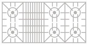 An icon of a 6 burner cooktop with grill.