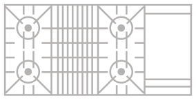 An icon of a 4 burner cooktop with gril and griddle.
