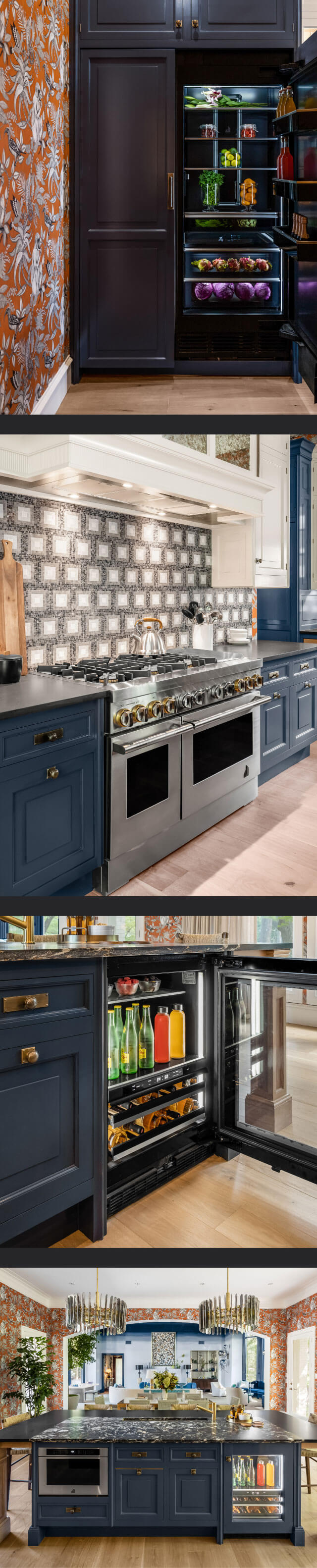 A collage of images including a pair of JennAir® Columns fitted with custom wooden panels; a JennAir® RISE™ Professional-Style Range in the kitchen; an open JennAir® Beverage Center; an overall view of the kitchen showing a microwave drawer and beverage center. A collage of images including a pair of JennAir® Columns fitted with custom wooden panels; a JennAir® RISE™ Professional-Style Range in the kitchen; an open JennAir® Beverage Center; an overall view of the kitchen showing a microwave drawer and beverage center.