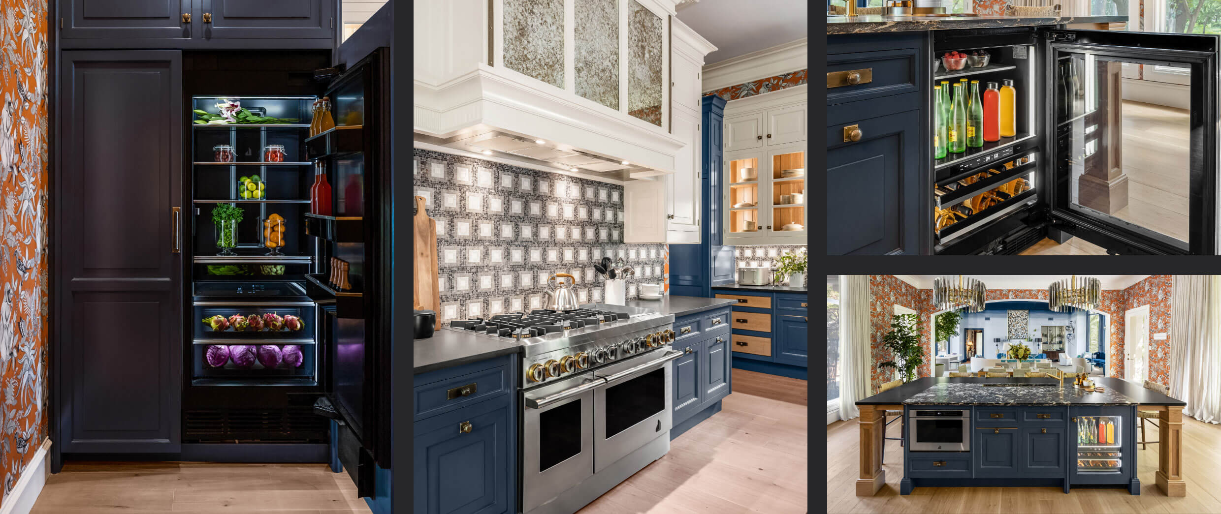 A collage of images including a pair of JennAir® Columns fitted with custom wooden panels; a JennAir® RISE™ Professional-Style Range in the kitchen; an open JennAir® Beverage Center; an overall view of the kitchen showing a microwave drawer and beverage center. A collage of images including a pair of JennAir® Columns fitted with custom wooden panels; a JennAir® RISE™ Professional-Style Range in the kitchen; an open JennAir® Beverage Center; an overall view of the kitchen showing a microwave drawer and beverage center.
