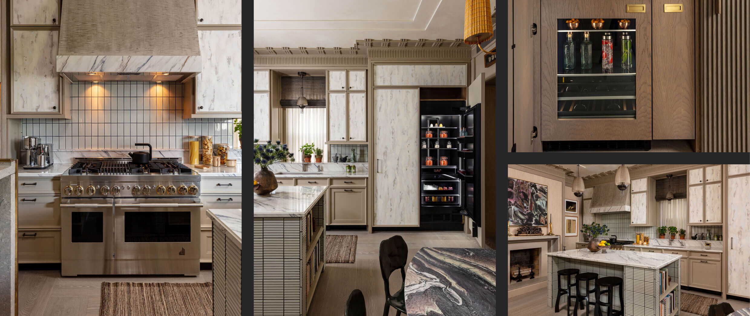 A collage of images including a kitchen featuring a JennAir® Range; a kitchen featuring two JennAir® Columns; close up of a JennAir® Beverage Center fitted with custom wooden panels; a complete view of the kitchen’s design. A collage of images including a kitchen featuring a JennAir® Range; a kitchen featuring two JennAir® Columns; close up of a JennAir® Beverage Center fitted with custom wooden panels; a complete view of the kitchen’s design.