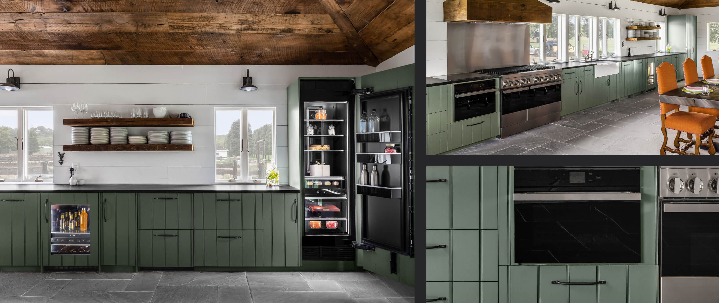 A collage of images including a view of the main bank of cabinets featuring a panel-ready beverage center and a column refrigerator; another view of the kitchen featuring a wall oven and range; a close up view of a wall oven. A collage of images including a view of the main bank of cabinets featuring a panel-ready beverage center and a column refrigerator; another view of the kitchen featuring a wall oven and range; a close up view of a wall oven.