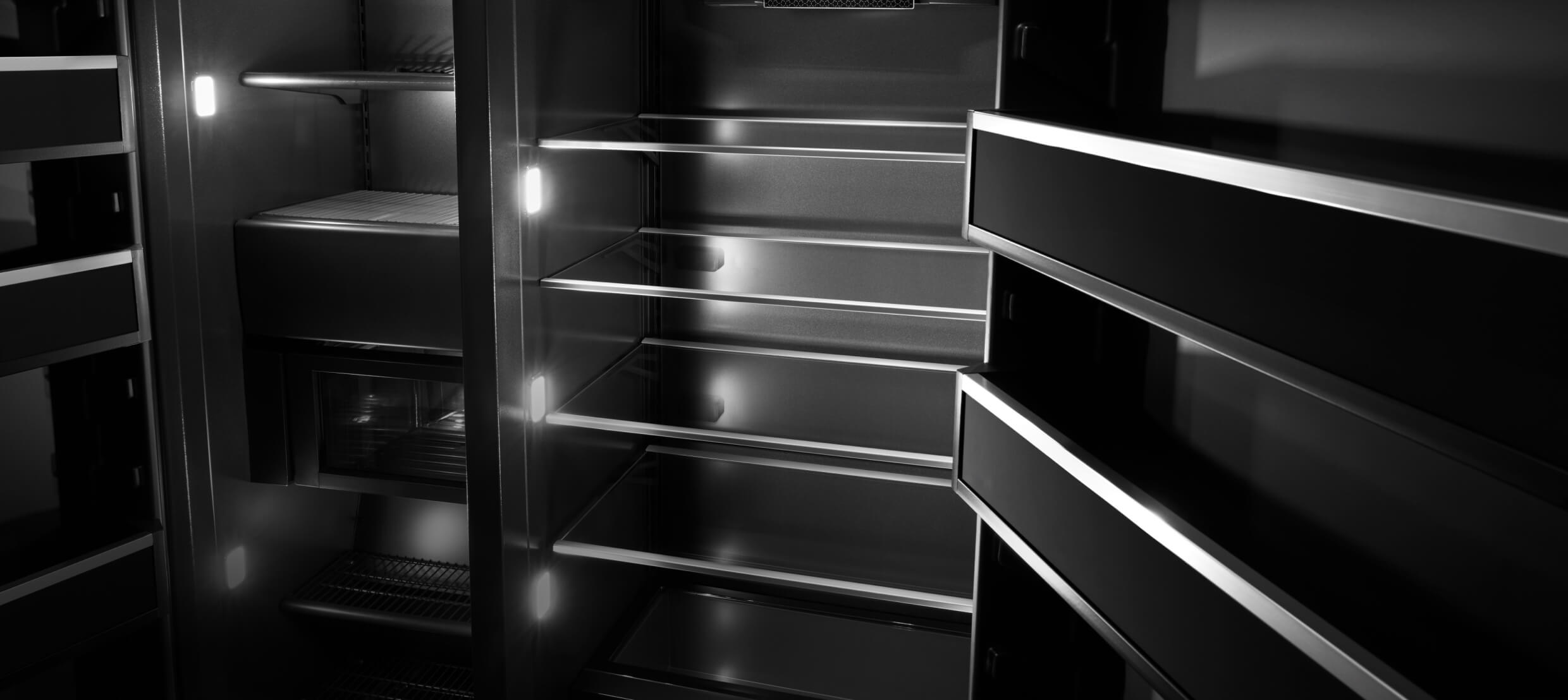 An open JennAir® Built-In Refrigerator, showing the multi-point lighting.  An open JennAir® Built-In Refrigerator, showing the multi-point lighting.