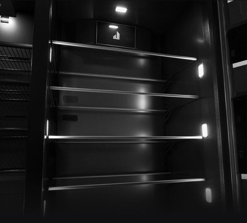 The shelves inside a built-in refrigerator.