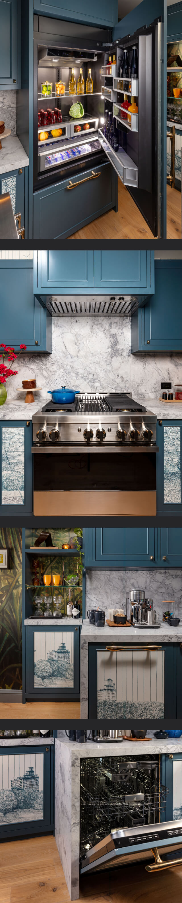 A collage of images including a JennAir® Bottom-Mount Built-In Refrigerator fitted with custom panels to match the bold blue cabinetry; a NOIR™ 36-inch range surrounded by blue cabinetry and a unique cabinet inlay; a view of the kitchen featuring a panel-ready dishwasher, which is hidden while closed; a close up on an open JennAir® dishwasher, which is fitted with custom panels. A collage of images including a kitchen featuring a JennAir® Range; a kitchen featuring two JennAir® Columns; close up of a JennAir® Beverage Center fitted with custom wooden panels; a complete view of the kitchen’s design.
