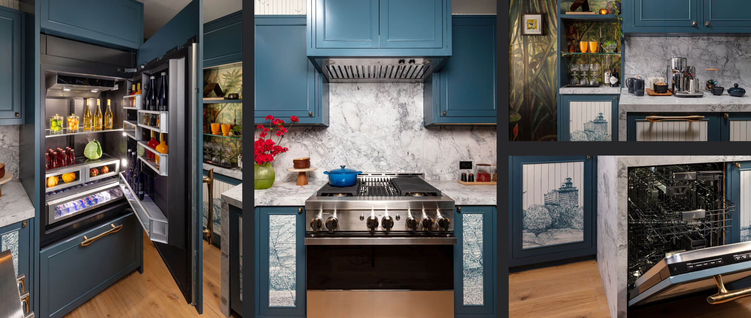 A collage of images including a JennAir® Bottom-Mount Built-In Refrigerator fitted with custom panels to match the bold blue cabinetry; a NOIR™ 36-inch range surrounded by blue cabinetry and a unique cabinet inlay; a view of the kitchen featuring a panel-ready dishwasher, which is hidden while closed; a close up on an open JennAir® dishwasher, which is fitted with custom panels. A collage of images including a kitchen featuring a JennAir® Range; a kitchen featuring two JennAir® Columns; close up of a JennAir® Beverage Center fitted with custom wooden panels; a complete view of the kitchen’s design.