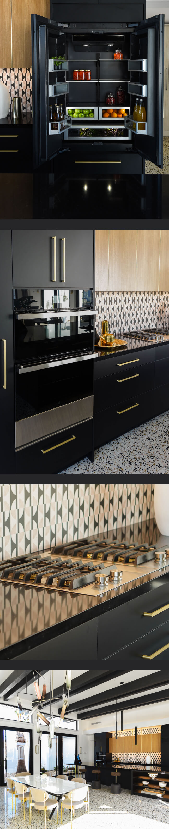 A collage of images including an open JennAir® French door built-in refrigerator fitted with black panels to match the surrounding cabinetry; a NOIR™ combination microwave wall oven installed in a bank of cabinets; a pair of 2-burner gas custom cooktops with a 4-inch downdraft strip installed in the center; a view of the entire kitchen and dining room from a distance. A collage of images including an open JennAir® French door built-in refrigerator fitted with black panels to match the surrounding cabinetry; a NOIR™ combination microwave wall oven installed in a bank of cabinets; a pair of 2-burner gas custom cooktops with a 4-inch downdraft strip installed in the center; a view of the entire kitchen and dining room from a distance.