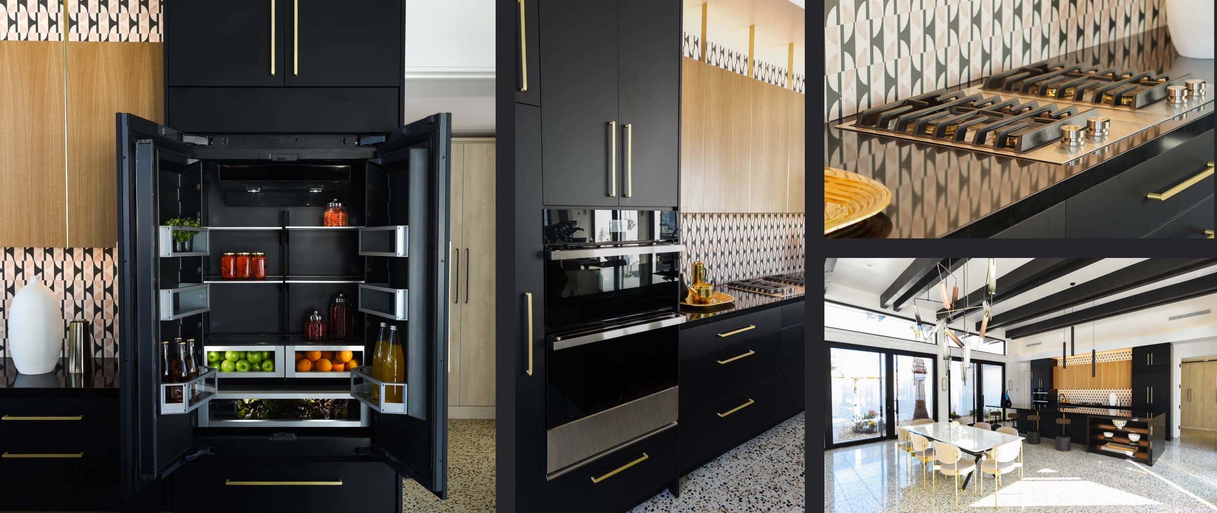 A collage of images including an open JennAir® French door built-in refrigerator fitted with black panels to match the surrounding cabinetry; a NOIR™ combination microwave wall oven installed in a bank of cabinets; a pair of 2-burner gas custom cooktops with a 4-inch downdraft strip installed in the center; a view of the entire kitchen and dining room from a distance. A collage of images including an open JennAir® French door built-in refrigerator fitted with black panels to match the surrounding cabinetry; a NOIR™ combination microwave wall oven installed in a bank of cabinets; a pair of 2-burner gas custom cooktops with a 4-inch downdraft strip installed in the center; a view of the entire kitchen and dining room from a distance.