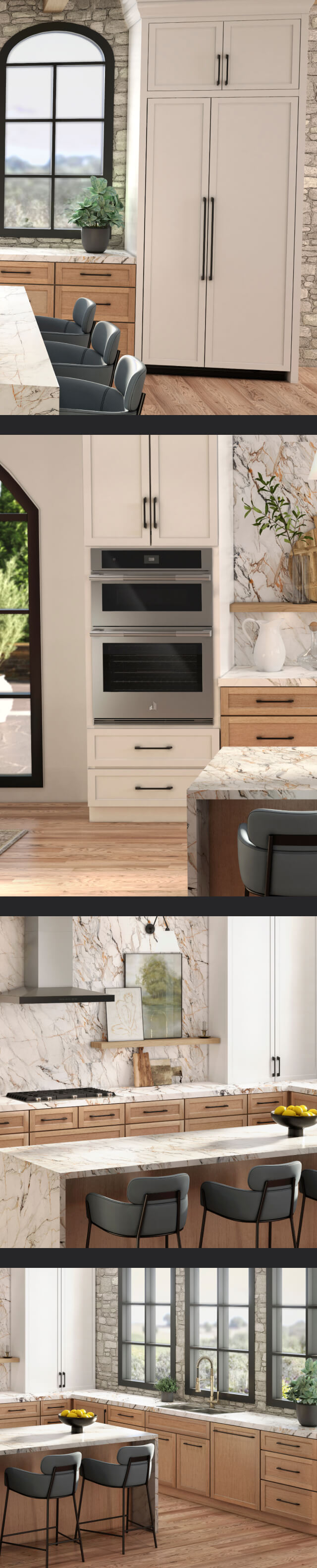 A collage of images including a JennAir® side-by-side built-in refrigerator fitted with white custom panels to match cabinetry; a 30-inch microwave combination wall oven installed in a white kitchen; A cooktop and vent hood installed in a white kitchen; a panel-ready dishwasher installed with a custom panel to match the wooden cabinetry. A collage of images including a JennAir® side-by-side built-in refrigerator fitted with white custom panels to match cabinetry; a 30-inch microwave combination wall oven installed in a white kitchen; A cooktop and vent hood installed in a white kitchen; a panel-ready dishwasher installed with a custom panel to match the wooden cabinetry.