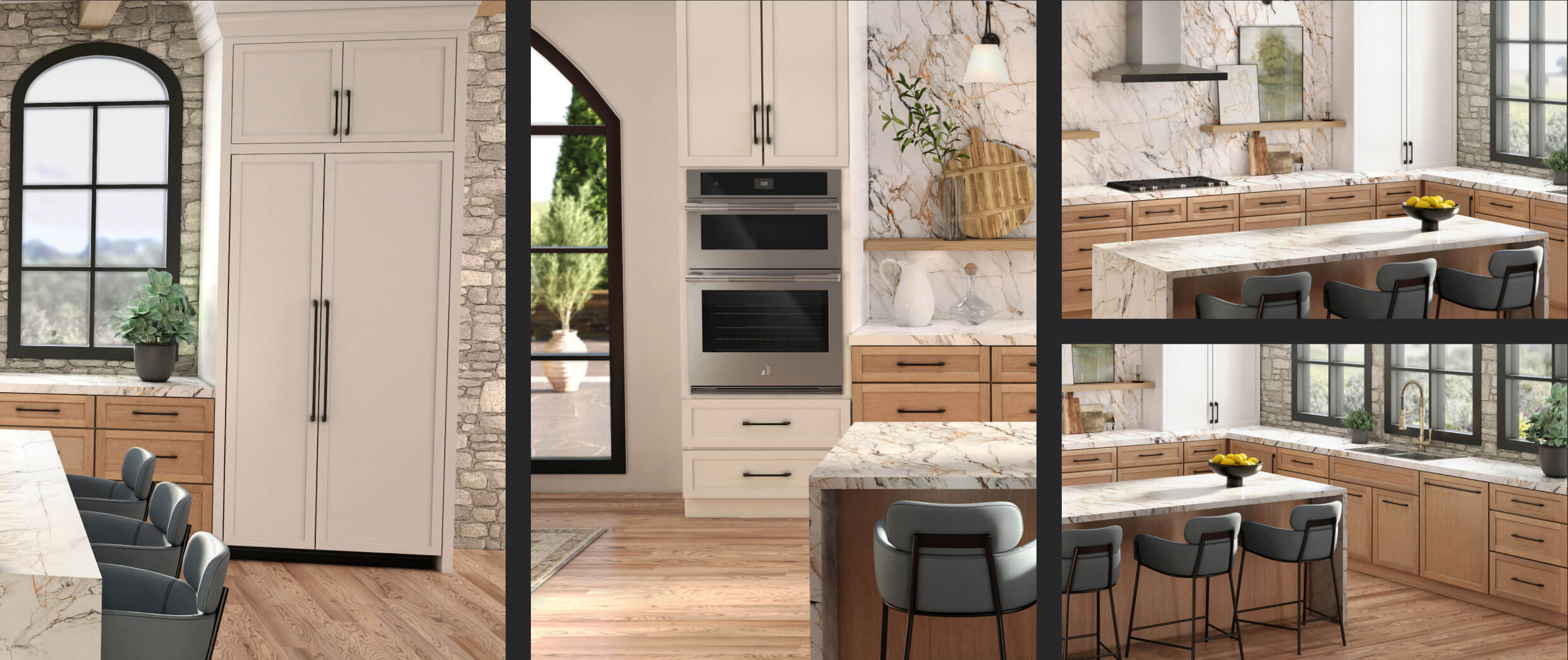 A collage of images including a JennAir® side-by-side built-in refrigerator fitted with white custom panels to match cabinetry; a 30-inch microwave combination wall oven installed in a white kitchen; A cooktop and vent hood installed in a white kitchen; a panel-ready dishwasher installed with a custom panel to match the wooden cabinetry. A collage of images including a JennAir® side-by-side built-in refrigerator fitted with white custom panels to match cabinetry; a 30-inch microwave combination wall oven installed in a white kitchen; A cooktop and vent hood installed in a white kitchen; a panel-ready dishwasher installed with a custom panel to match the wooden cabinetry.