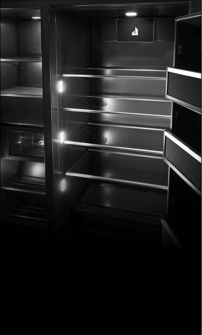 An open JennAir® Built-In Refrigerator, showing the multi-point lighting. An open JennAir® Built-In Refrigerator, showing the multi-point lighting.