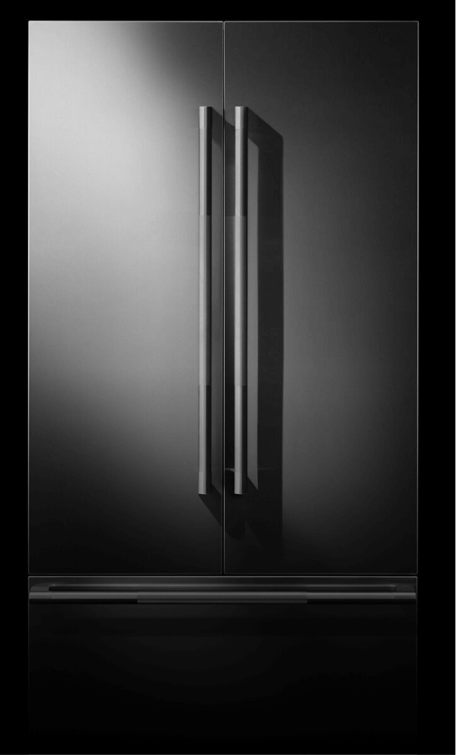The front of a JennAir® built-in refrigerator. The front of a JennAir® built-in refrigerator.