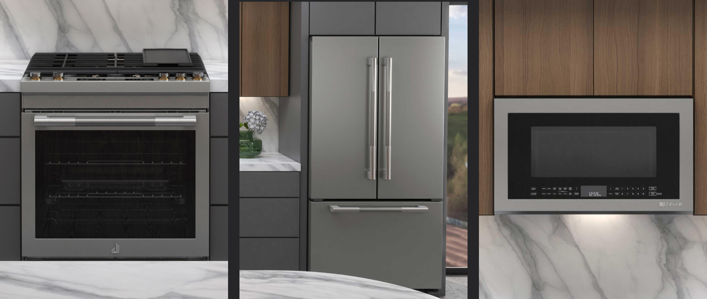 A collage of images including a kitchen featuring a JennAir® Slide-In Range; a JennAir® French Door Freestanding Refrigerator; a close-up of an Over-The-Range Microwave Oven integrated into the cabinetry. A collage of images including a kitchen featuring a JennAir® Slide-In Range; a JennAir® French Door Freestanding Refrigerator; a close-up of an Over-The-Range Microwave Oven integrated into the cabinetry.