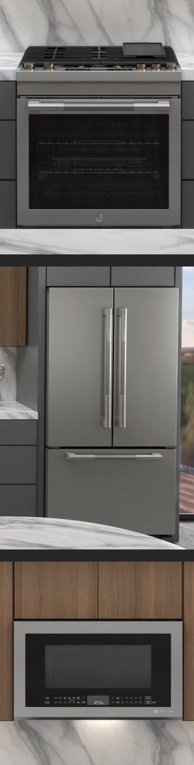 A collage of images including a kitchen featuring a JennAir® Slide-In Range; a JennAir® French Door Freestanding Refrigerator; a close-up of an Over-The-Range Microwave Oven integrated into the cabinetry. A collage of images including a kitchen featuring a JennAir® Slide-In Range; a JennAir® French Door Freestanding Refrigerator; a close-up of an Over-The-Range Microwave Oven integrated into the cabinetry.