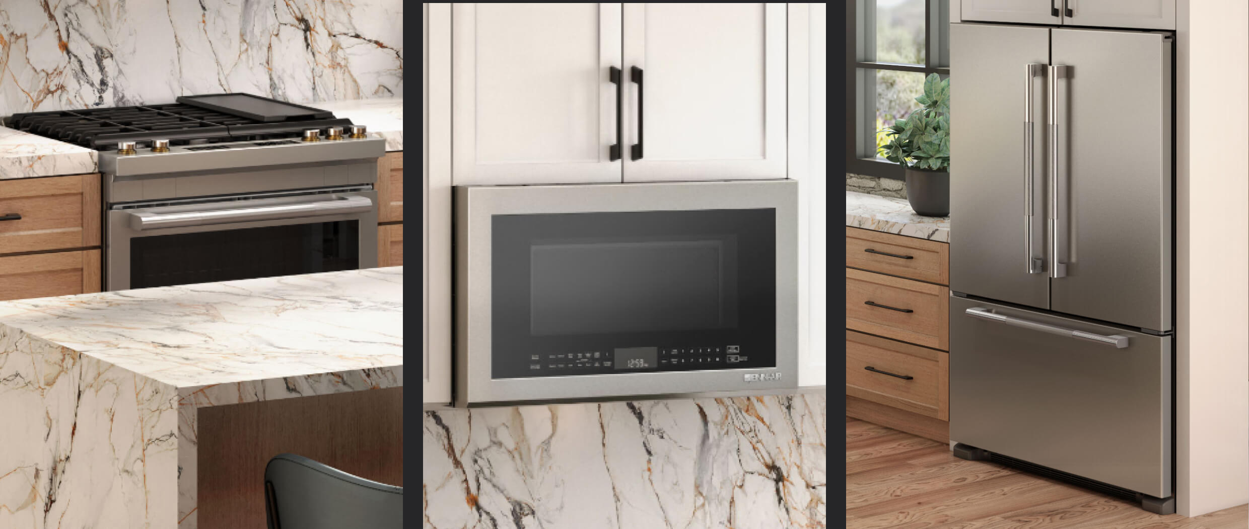 A collage of images including a view of a RISE™ gas slide-in range behind a marble oven; a close-up of an over-the-range microwave oven integrated into the cabinetry; a RISE™ french door freestanding refrigerator. A collage of images including a view of a RISE™ gas slide-in range behind a marble oven; a close-up of an over-the-range microwave oven integrated into the cabinetry; a RISE™ french door freestanding refrigerator.