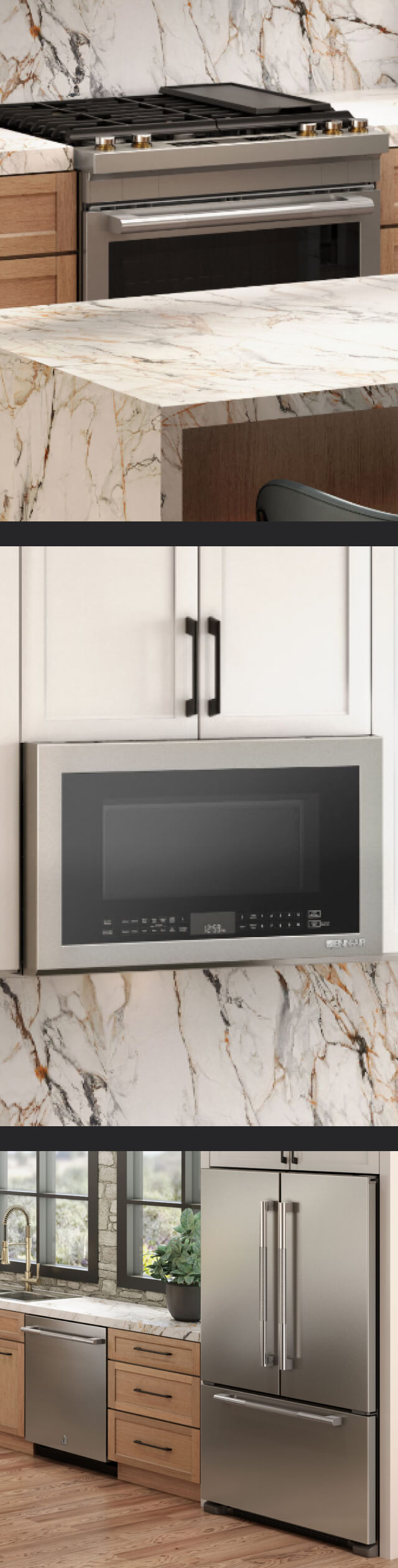A collage of images including a view of a RISE™ gas slide-in range behind a marble oven; a close-up of an over-the-range microwave oven integrated into the cabinetry; a RISE™ french door freestanding refrigerator. A collage of images including a view of a RISE™ gas slide-in range behind a marble oven; a close-up of an over-the-range microwave oven integrated into the cabinetry; a RISE™ french door freestanding refrigerator.